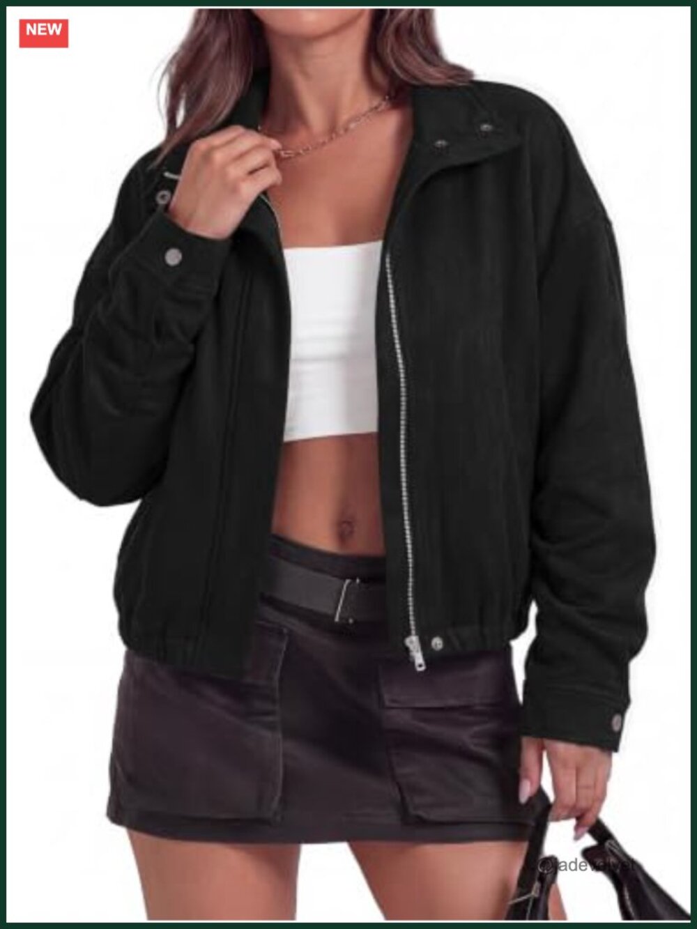 Faux Suede Bomber Jacket Loose Cropped Zip Up Coat Women Outerwear